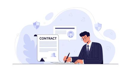 Fototapeta premium Businessman signing a contract with a pen, representing legal agreement, partnership, and business deal completion in a modern vector illustration style.