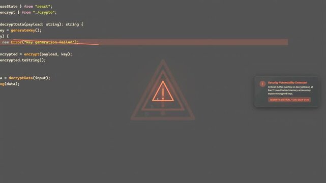 Digital security alert with warning symbols and code errors on a dark computer screen