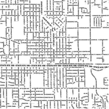 Typographic Map of the City Visalia (California, USA) showing the city center only with street names