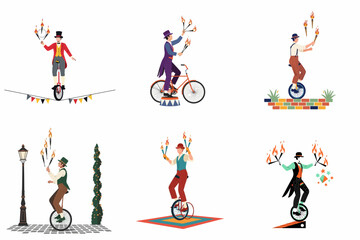 Set of Vintage Circus Performers Juggling Flaming Torches While Riding Unicycles and Bicycles in a Flat Vector Illustration Style © Kacunk