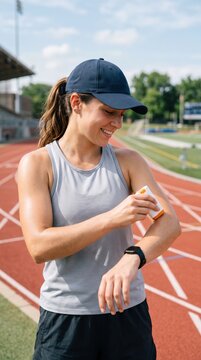 A female athlete applying a sun stick to her arm.