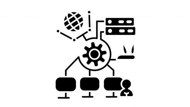 Hardware network router device configuration settings animated icon. Dark background outline symbol for IT setup adjustment, script deploy, and admin engineering dashboard.