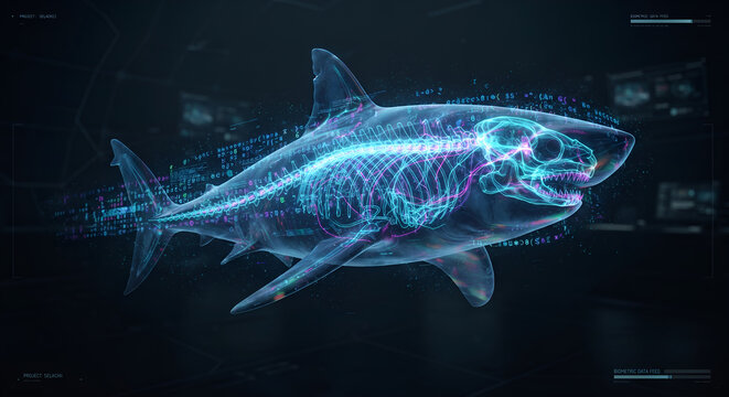 A futuristic holographic simulation of a great white shark swimming in a dark cyberpunk void