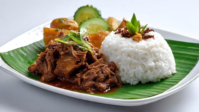 Beef rendang is served with a mound of white rice and fresh cucumber slices on a banana leaf.