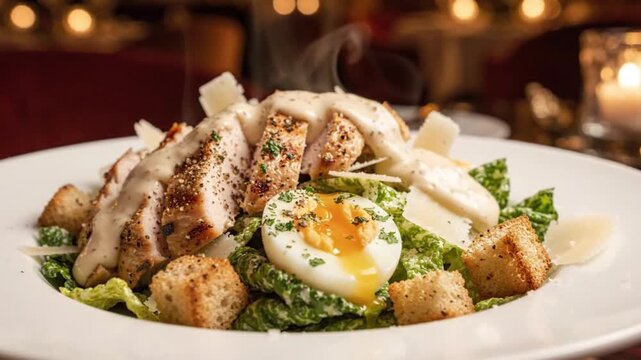 Gourmet Grilled Chicken Caesar Salad with Soft Boiled Egg and Creamy Dressing in Luxury Restaurant