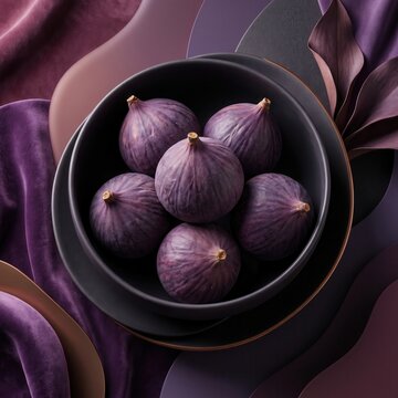 Top view of fresh purple figs arranged in a dark bowl on fabric with still life