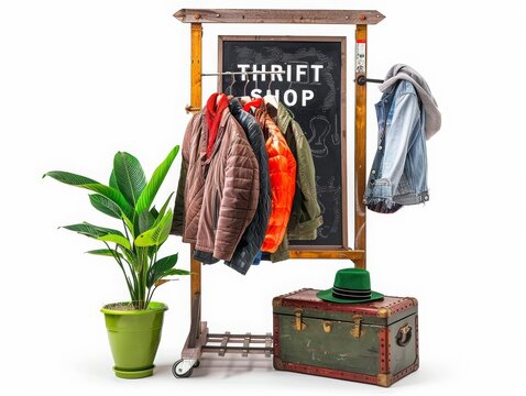 Vintage thrift shop display with casual clothes hanging on wooden rack, old suitcase and blackboard sign isolated on white background