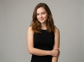 Fototapeta premium A young woman with long brown hair smiling at the camera wearing a simple black tank top looking friendly and confident