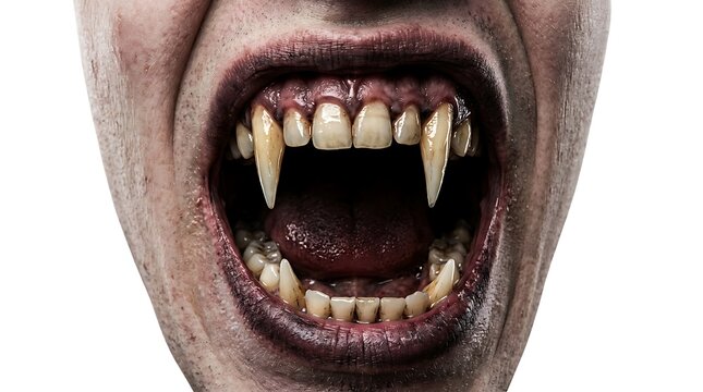 Close up of a terrifying vampire mouth with sharp fangs and decaying skin.