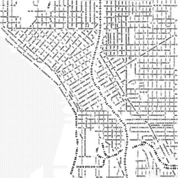 Typographic Map of the City Seattle (Washington, USA) showing the city center only with street names