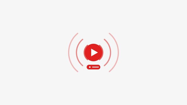 A red circular play button pulses at the center of expanding sound wave rings, animated on a plain light background like a podcast or audio player icon.