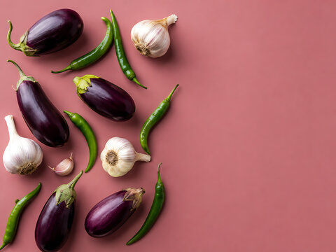 Fresh organic eggplants with green chili peppers and garlic bulbs, raw purple aubergines and spicy peppers on pink background, healthy cooking ingredients isolated on White Background ai