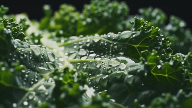 Fresh green kale leaves with water droplets on a dark background.