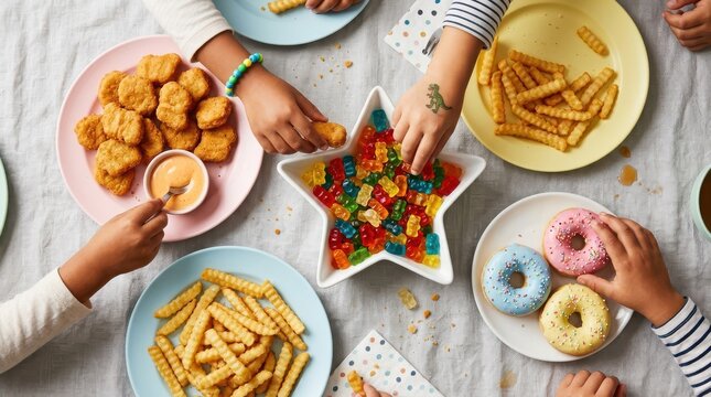 Children eating snacks like chicken nuggets, fries, and donuts at a table