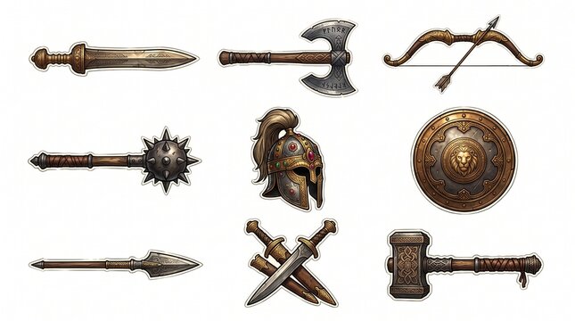 A collection of ancient, rustic fantasy weapons and armor, including swords, axes, bows, shields, and helmets, on a white background.