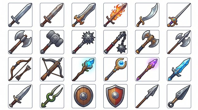 A comprehensive grid of diverse cartoon fantasy weapon and armor icons, featuring swords, axes, bows, staves, maces, shields, and other combat gear.