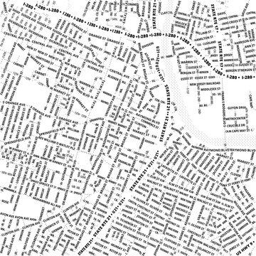 Typographic Map of the City Newark (New Jersey, USA) showing the city center only with street names