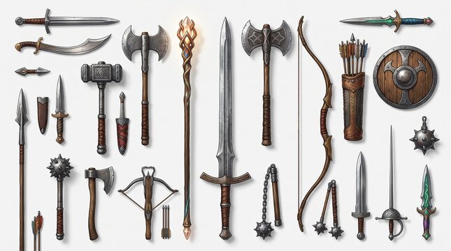 A diverse collection of medieval and fantasy weapons, including swords, axes, bows, and shields, displayed on a white background.