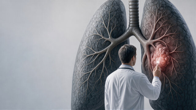 Doctor examining digital model of human lung with tumor. Oncologist studying respiratory organ on World Lung Cancer Day. Medical diagnosis and innovative cancer research technology concept.