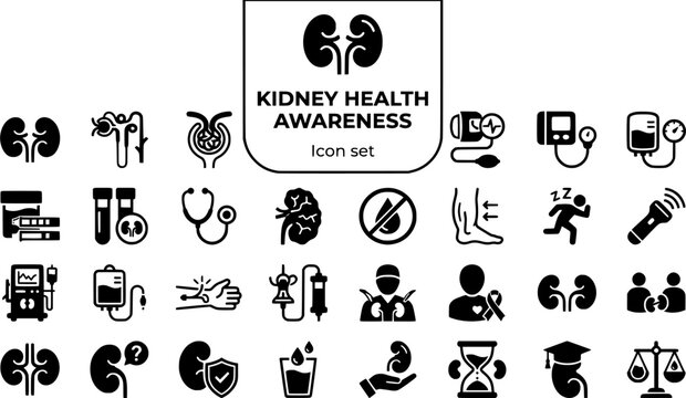 Kidney Health Awareness Icon Set Dialysis Chronic Kidney Disease Nephrology Medical Vector Illustration