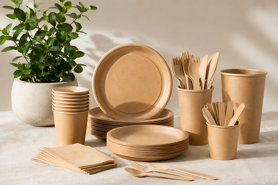Eco-friendly disposable tableware set, sustainable kraft paper plates and cups, biodegradable wooden cutlery and napkins for zero waste catering isolated on White Background ai