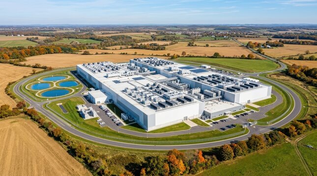 Aerial view of a large data center facility in a rural landscape