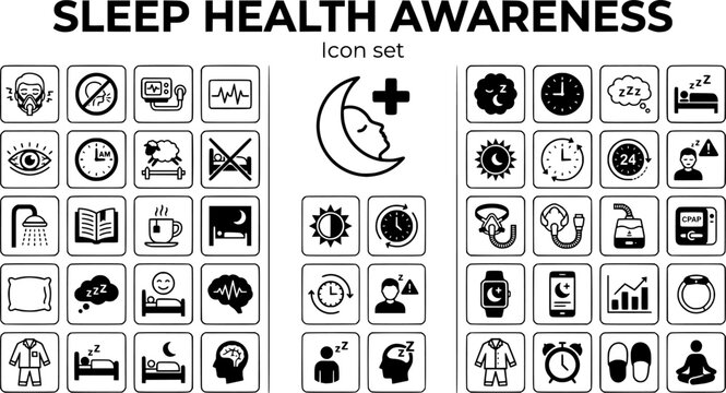 Sleep Health Awareness Icon Set Sleep Apnea Insomnia Circadian Rhythm Medical Vector Illustration