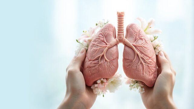 Woman holding anatomical model of human lungs decorated with fresh flowers. Concept for World Lung Cancer Day to raise awareness of respiratory system health and breathing wellness.