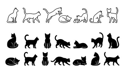 Cat Silhouette and Outline Icons Collection Vector Set © Himel
