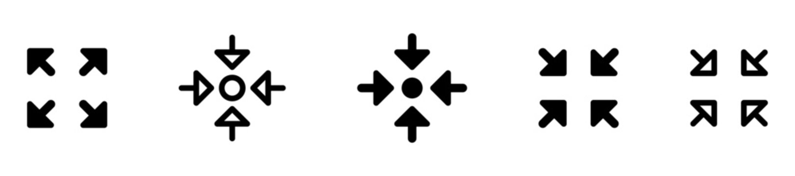 Resize Arrow Icon Set _ Minimize Icon Four 4 Arrows Icon Meeting Point _ Black Expand Collapse Fullscreen Symbol, Zoom In Out Direction Vector Icons _ fullscreen icon _ inward and outward arrows icons