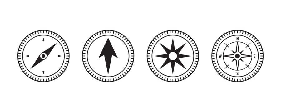 Set of navigation compass icons for travel direction and orientation or geographic map exploration.