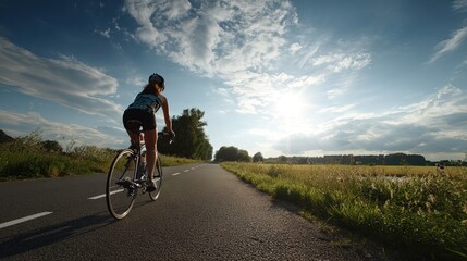 Fototapeta premium A woman rides a bicycle along a country road on a sunny day. Green fields and trees line the path, and the sky is filled with clouds. Sunlight shines on the scene