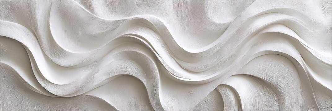 A bas relief shows flowing abstract ribbons that create a simple, smooth pattern. This artwork captures light and shadow in a modern style. It is displayed in an art gallery