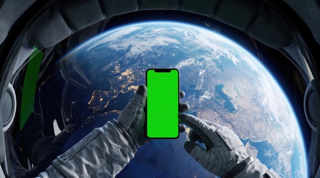 Astronaut man in space suit holding smartphone with green screen. Earth view from international space station. Concept of futuristic mobile communication and technology in outer space exploration.