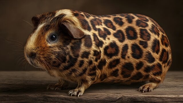 Guinea pig features a distinctive leopard print pattern on its fur while resting on a wooden surface.