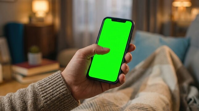 Person holding smartphone with green screen in cozy living room interior. Mockup device showing chroma key background for mobile phone app design or web content advertisement. Digital technology use.