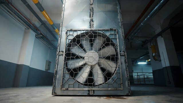 Industrial ventilation fan inside mechanical room with exposed piping and concrete walls