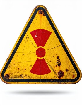Worn, yellow triangular warning sign with red radiation symbol