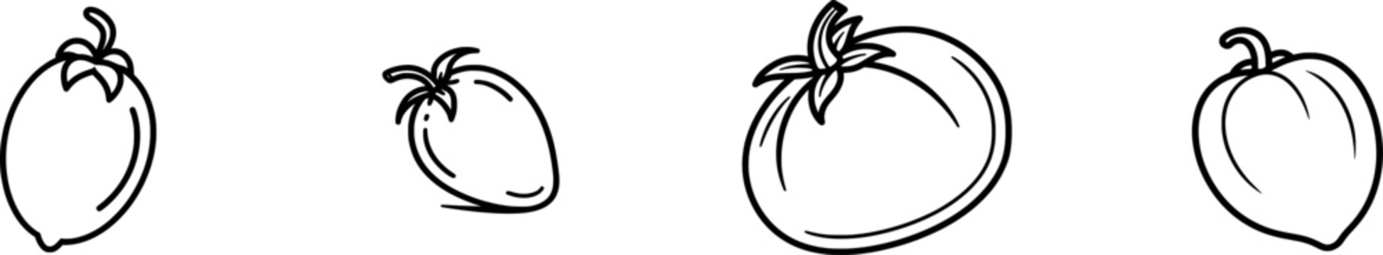 A minimalist black outline icon of a whole fresh tamarillo fruit, isolated on pure white background with uniform thick lines and no shadows