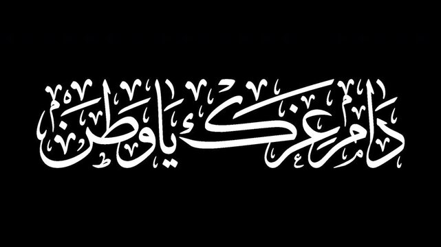Animated Arabic Calligraphy with ALPHA Channel (Transparent Background) to use it in Screen Mode with or over other clips. Translation: "YOUR GLORY MAY LAST FOREVER MY HOMELAND".