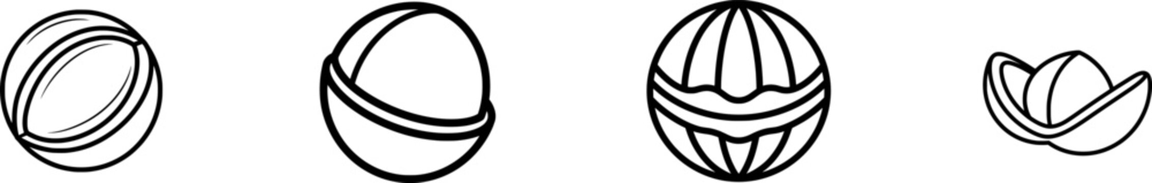 A minimalist black outline icon of a whole large mma nut in its shell is displayed on a pure white background with uniform lines and no shadows
