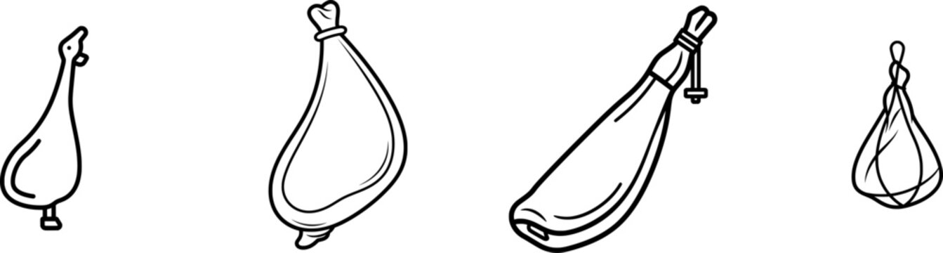 A minimalist black outline icon of a whole large prosciutto leg, thick uniform lines, isolated on pure white background with no shadows, in a flat vector style