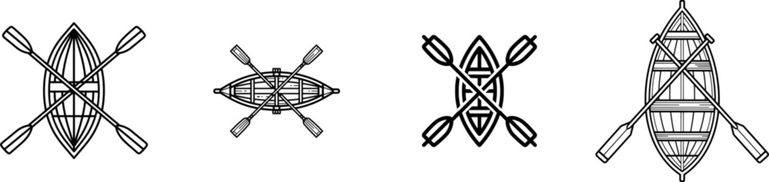 A minimalist black outline illustration of a traditional rowing boat with crossed oars against a pure white background, showcasing a clean and modern design