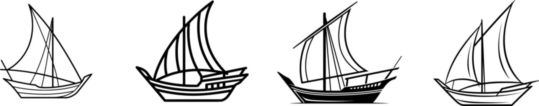 A minimalist black outline illustration of a traditional Dhow boat with three masts against a pure white background