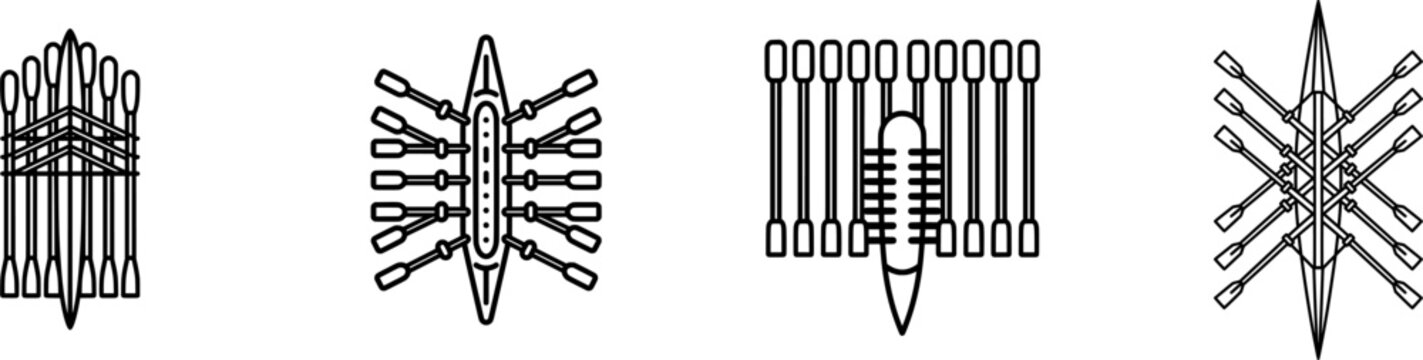 A minimalist black rowing shell icon with eight oars extends from a traditional design, set against a pure white background
