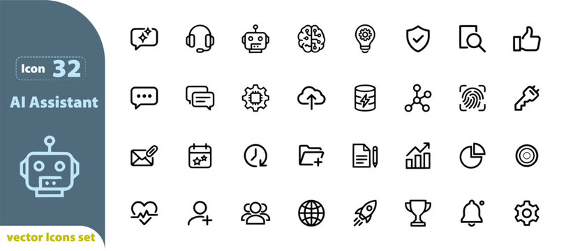 Diverse collection of 32 modern line icons for artificial intelligence technology and business applications