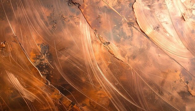 Close-up of a weathered, metallic surface. The copper-toned texture shows swirling patterns and variations in color and reflectivity
