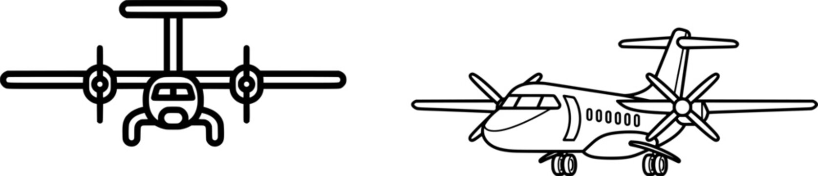 A black outline icon of a twin-engine turboprop regional airplane, with thick uniform lines on a pure white background, minimalist flat vector style