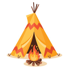 Native American teepee tent and bonfire with firewood vector icon in flat design ideal for camping outdoor adventure and tribal artwork © Nass Studio
