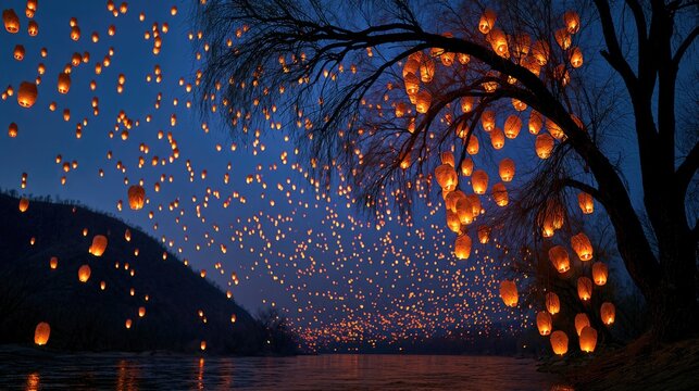 Night sky ablaze with countless floating paper lanterns over a tranquil river